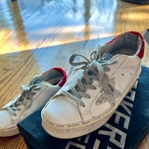 Golden Goose White and Red Sneakers with Silver Star